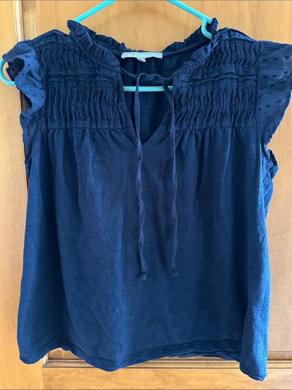 Daniel Rainn Smocked Flutter Sleeve Navy Blouse S